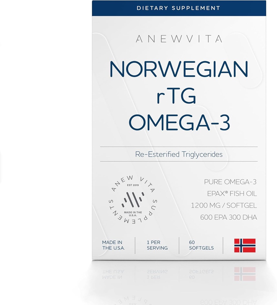 Norwegian rTG Omega 3 Fish Oil for Brain & Heart Boost, Triglycerid Fish Oil Omega 3 Kosttilskud, 300 DHA 600 EPA Omega 3 Softgels Essential Faty Acid for Eyes, Skin & Joints, 1200mg, 60 Servere