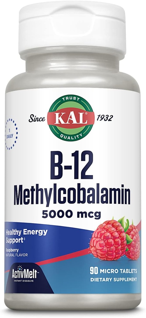 KAL Vitamin B12 Methylcobalamin 5000mcg, sund energi, Metabolisme, Nerve & Red Blood Cell Support, * Hurtig opløsning ActivMelts, Optimal Absorption, Natural Raspberry Flavor, 90 Servering, 90 Micro Tabs
