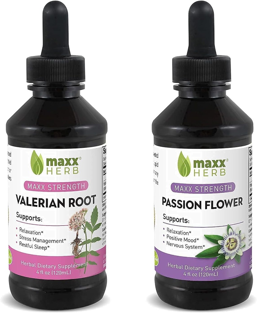 Bedre søvn bundle - Maxx Herb Passion Flower Extract + Valerian Root Extract - for afslapning og stress management, Alkoholfri - (1 Hver) 4 Oz Flaske (60 Servere)