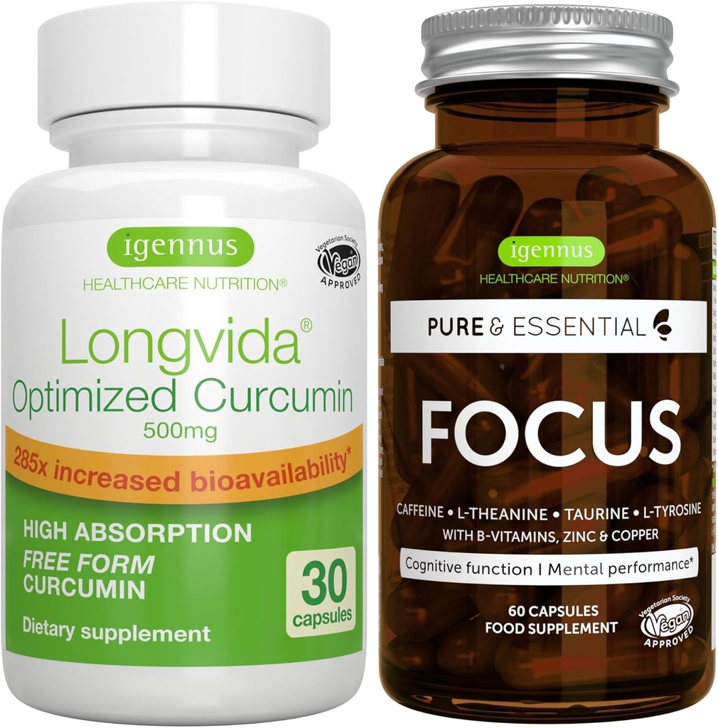 Longvida Lipideret Curcumin 500mg + Focus Brain Booster Vegan Bundle, Ultra Bioavailable Curcumin + Koffein, L-Theanine, Taurine & L-Tyrosin, B-Vitamin, Zink & Kobber, af Igennus