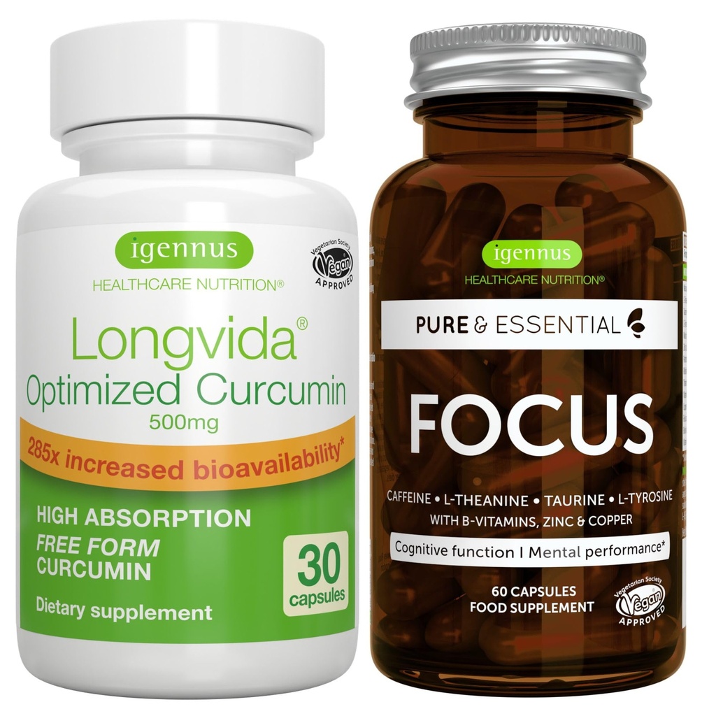 Longvida Lipideret Curcumin 500mg + Focus Brain Booster Vegan Bundle, Ultra Bioavailable Curcumin + Koffein, L-Theanine, Taurine & L-Tyrosin, B-Vitamin, Zink & Kobber, af Igennus