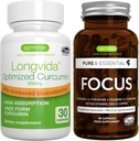Longvida Lipideret Curcumin 500mg + Focus Brain Booster Vegan Bundle, Ultra Bioavailable Curcumin + Koffein, L-Theanine, Taurine & L-Tyrosin, B-Vitamin, Zink & Kobber, af Igennus