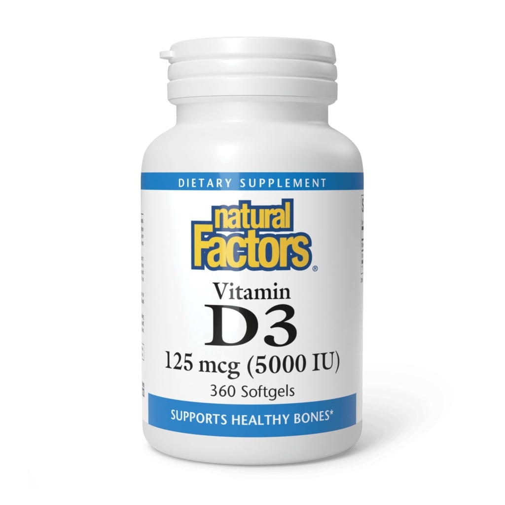 Naturlige faktorer, vitamin D3 5000 IE (125 mcg), understøtter stærke knogler, muskler og immunfunktion, 360 Softgels