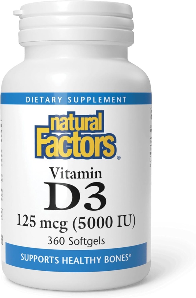 Naturlige faktorer, vitamin D3 5000 IE (125 mcg), understøtter stærke knogler, muskler og immunfunktion, 360 Softgels
