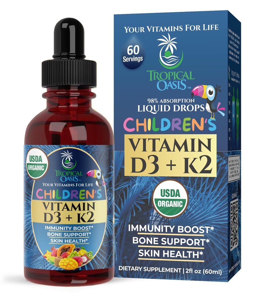 USDA Organic Vitamin D3 K2 Liquid Drops Б124; Vitamin D3 K2 Supplement for Kids & Toddlers Age 1 + Б124; Kids Supplement for Calcium Absorption Strong Bones Б124; Vegan, Non- GMO Note 124; 2 Fl Oz