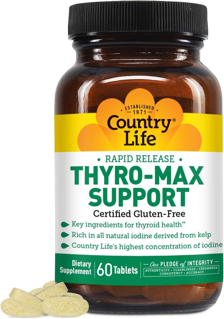 Country Life Thyro- Max Support - Kelp- Derived Jod & L- Tyrosin Thyroid Supplement for mænd og kvinder - B Vitaminer, Gluten- fri, Vegan, Kosher - 60 kapsler