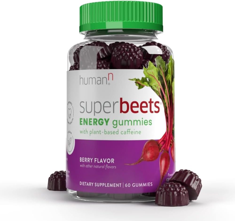 Humann SuperBeets Energy Gummies - Quick Energy & Mental Focus - Hjælp med at øge nitrogenoxid - Understøtter sund blodtryk & cirkulation support - Antioxidant, non-GMO - Berry Flavor, 60 Greve