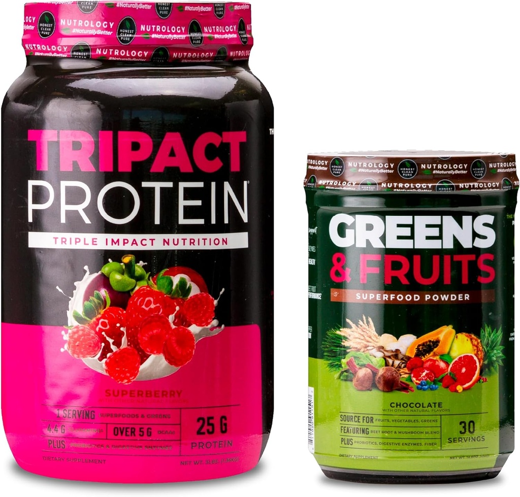 Nutrologi TRIPACT Protein Powder, 7- in-1 Meal Erstatning Shake, Superberry (40 Servere) Greens & Fruits Powder- Naturlig Sourced Superfood, Chokolade (30 Servere)