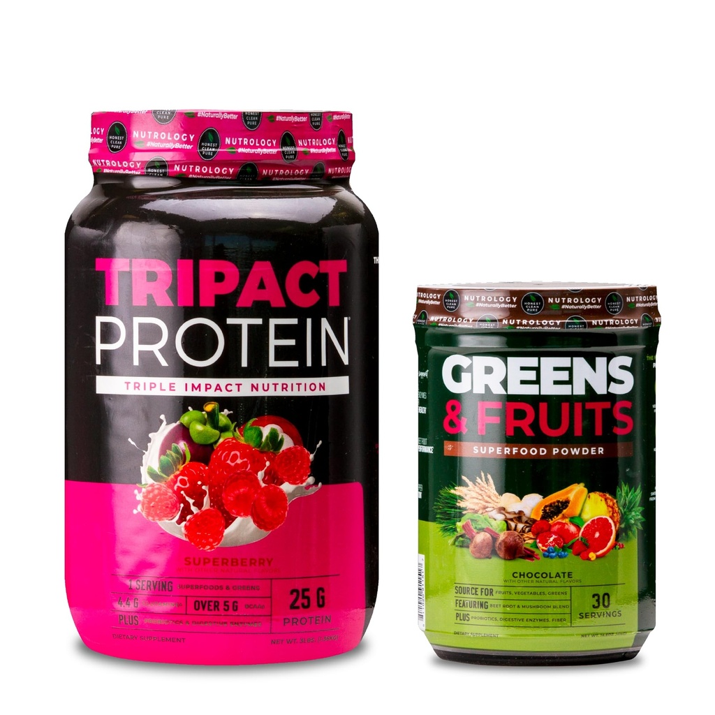 Nutrology TRIPACT Protein Powder, 7-in-1 Meal Replacement Shake, Superberry (40 Servings) Greens & Fruits Powder-Naturally Sourced Superfood, Chocolate (30 Servings)