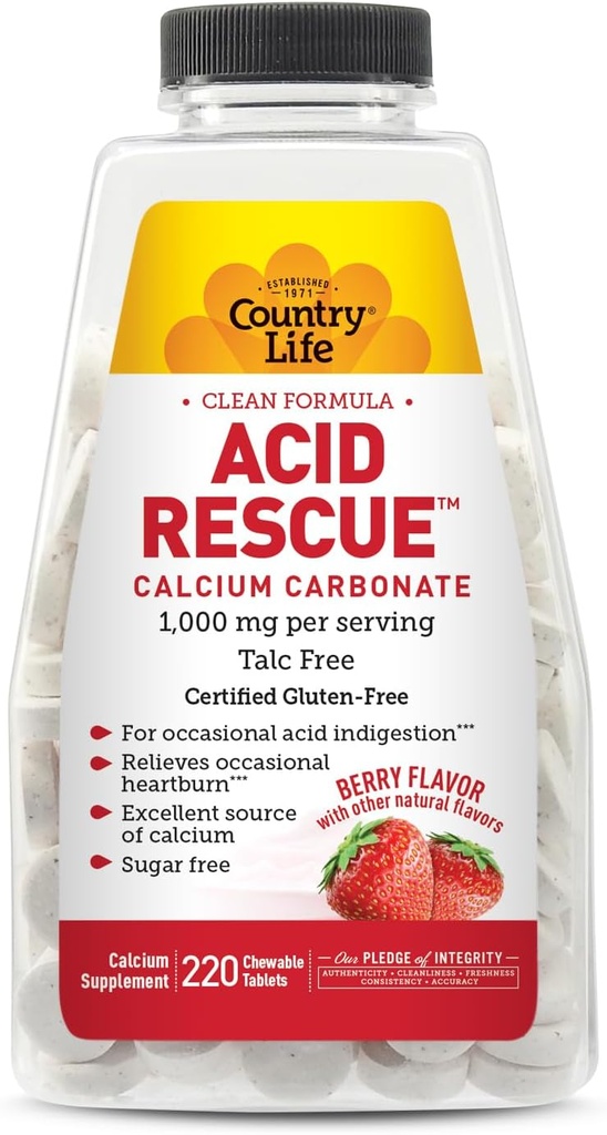 Country Life Acid Rescue Chewable Tablets - Certified Vegan & Gluten- Free Heartburn Relief, 400mg Calcium & Magnesium, Non- GMO, Sugar- Free Mint Flavor, Understøtter Bone Health, 220 Greve