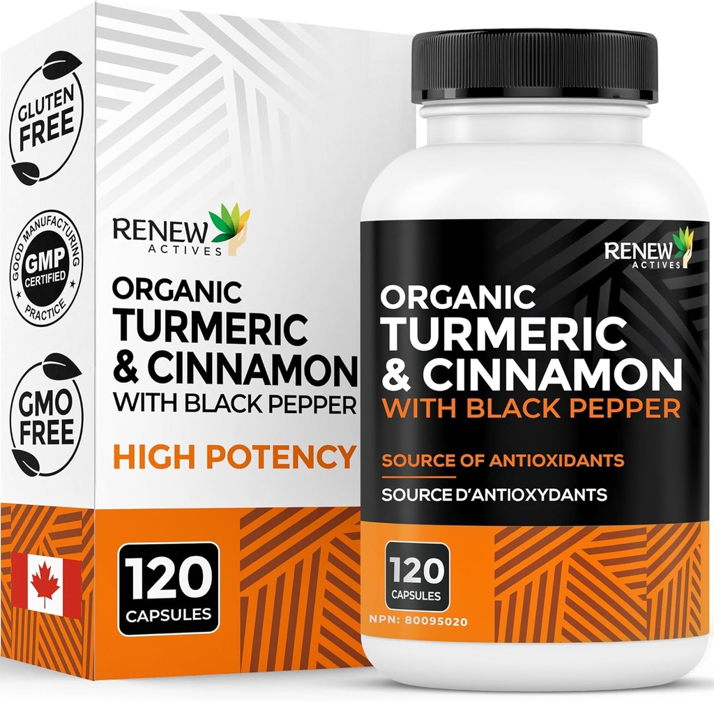 Renew Actives Organic Gurkemeje 474MG & Cinnamon 50MG per 2 Kapsler - med Curcumin & BioPerine til Absorption - Understøtter Metabolisme, fælles sundhed & fordøjelse - Lavet i Canada - 120 Kapsler