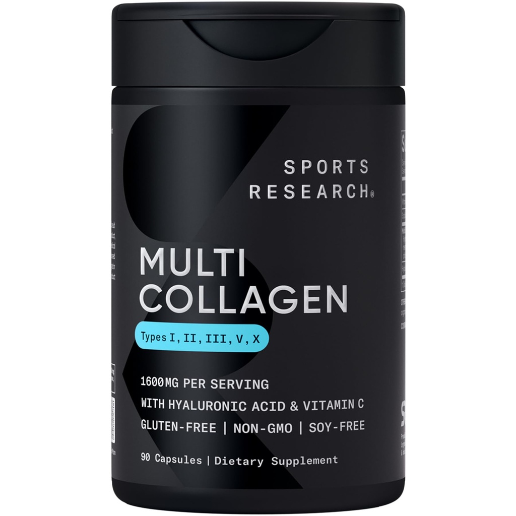 Sports Research ® Multi Collagen Pills for Women & Men - Collagen Peptider (Type I, II, III, V, X) Forbedret med Hyaluronsyre & C-vitamin - Gluten Free Measures · Non- GMO - 90 Kapsler
