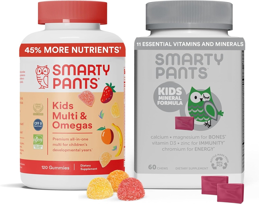 SmartyPants Kids Multivitamin Gummies & Kids Mineral Chews: Multivitamin med Omega 3 Fish Oil (EPA / DHA) og Multimineral med Magnesium Citrate & Calcium, 30 dages forsyning hver
