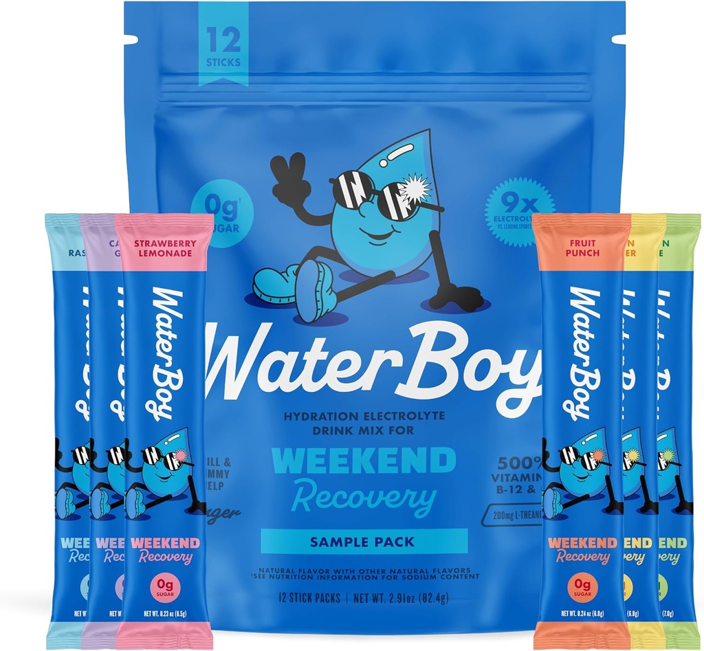 Waterboy Weekend Recovery Packing Pack 124; 3,200mg Electrolyte Powder Packets ttesmå 124; Ginger + L- Theanine + Vitume124; No Sugar, All Natural, Gluten Free