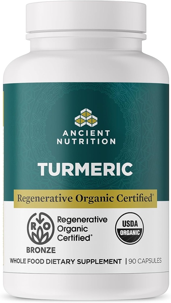 Ancient Nutrition Regenerative Organic Certified Turmerisk Kapsler, En gang dagligt, Brug som et fælles supplement og støtter Betændelse, Gluten Free, Paleo og Keto Friendly, 90 Greve