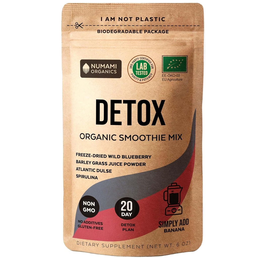 Numami Organic Detox Blueberry Smoothie Powder med sund Spirulina, Atlantic Dulse og Barley Grass Juice Powder, Premium kvalitet superfood fra Europa