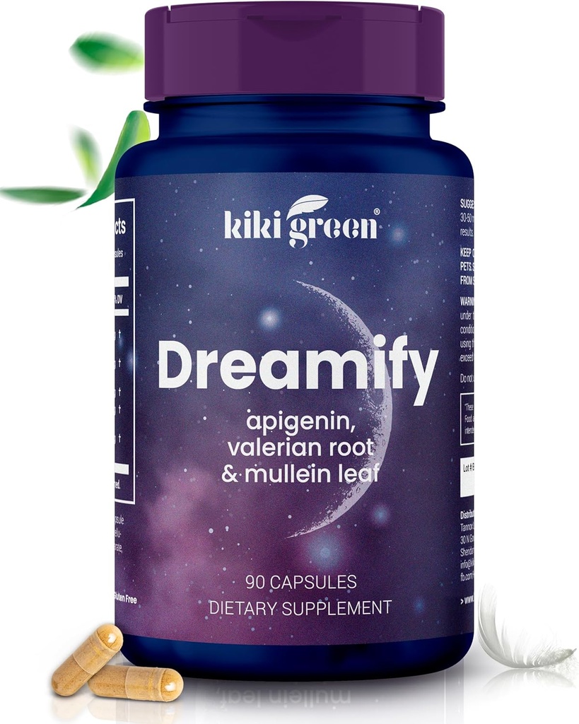 KIKI Green DREAMIFY Supplement - Apigenin, Valerian Root, Mullein Leaf Extract - Hvile, afslapning, Sund søvn cyklus - 90 Veganske kapsler