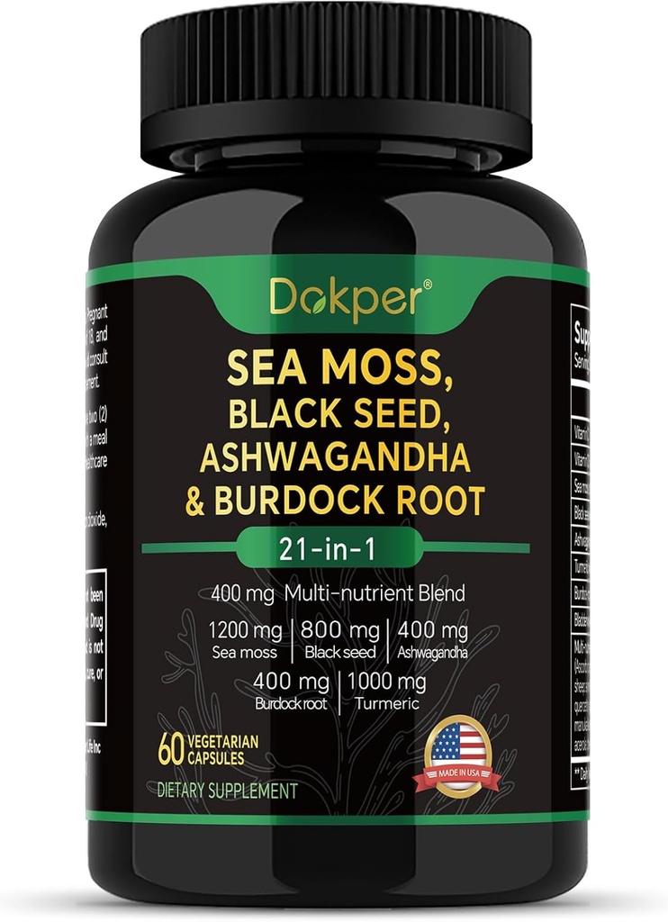 Sea Moss, Ashwagandha, Black Seed Oil Supplement, C-vitamin & D3 med gurkemeje, Bladderwrack & Burdock Root, Natural Herbal Support til mænd og kvinder 60 kapsler, Kosttilskud, pakke med 1