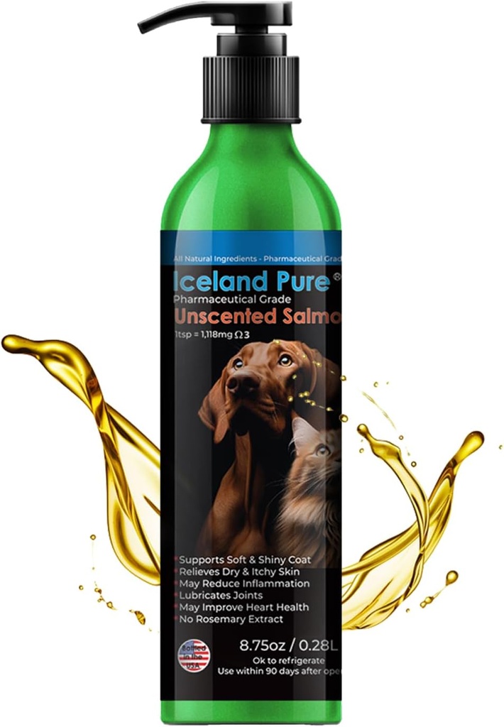 Island Pure Salmon Oil Medical Grade 124; Uduftende Farmaceutisk Grade 124; 1118 mg Omega-3 per teske Medical 124; Flydende kosttilskud til hunde og katte Medical 124; BPA- Free Brushed Aluminium Epoxy belagt flaske med pumpe 8.75oz