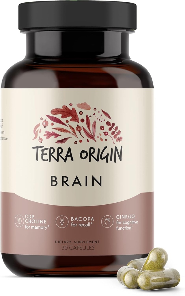 Terra Oprindelse, sund hjerne supplement, kapsler, 30 Servering, med CDP Cholin, Ginkgo Biloba Extract, og Bacopa - for sundt sind, Forbedrer hukommelse, recall og funktion