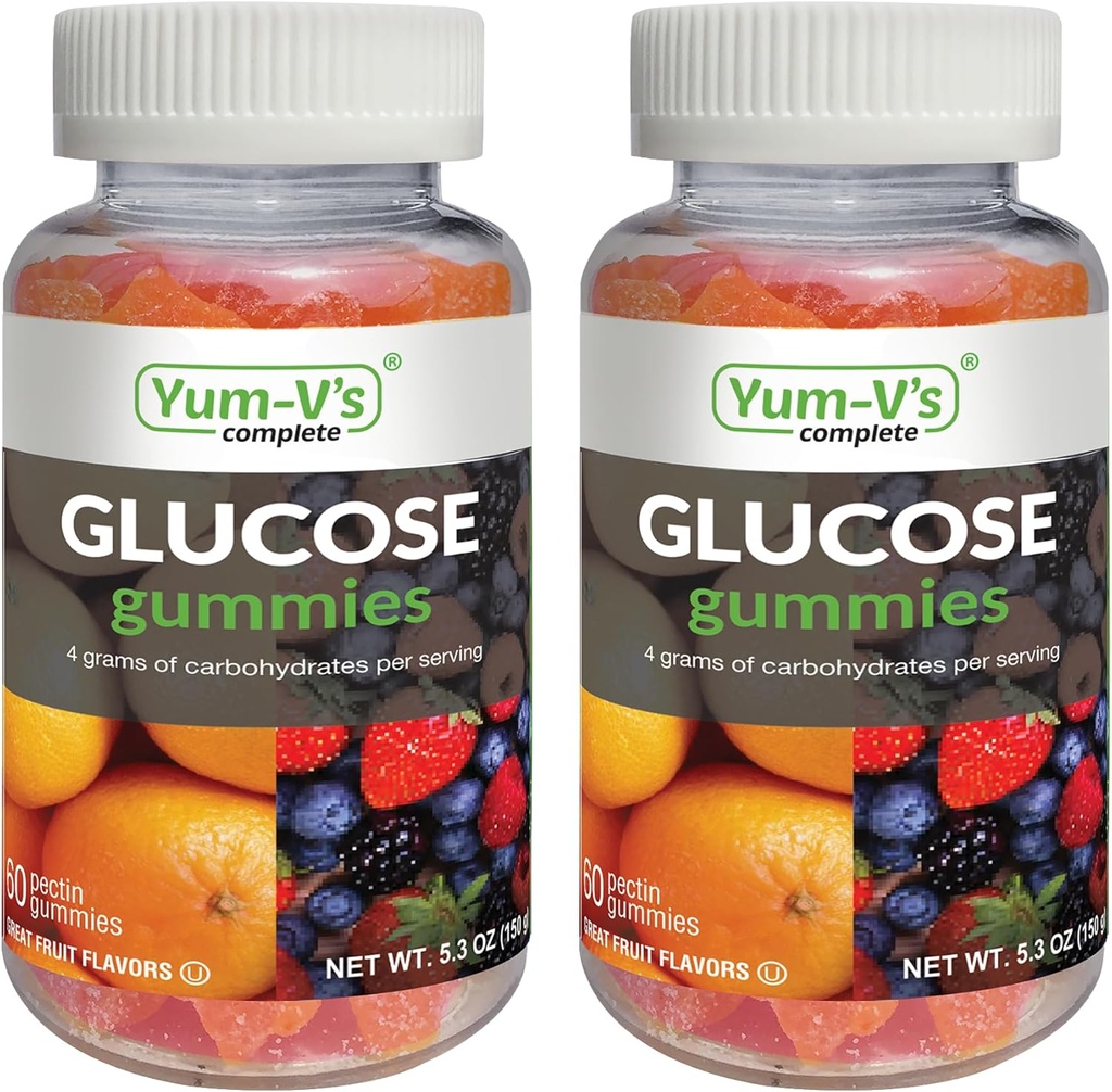 YUM-V'S Glucose Gummies – Fast Acting Glucose Chewable Gummies – Great Tasting – Gluten Free, Vegan, Non-GMO – Orange & Berry Natural Flavor – 60 Chewable Gummy for Adults & Kids (Pack of 2)