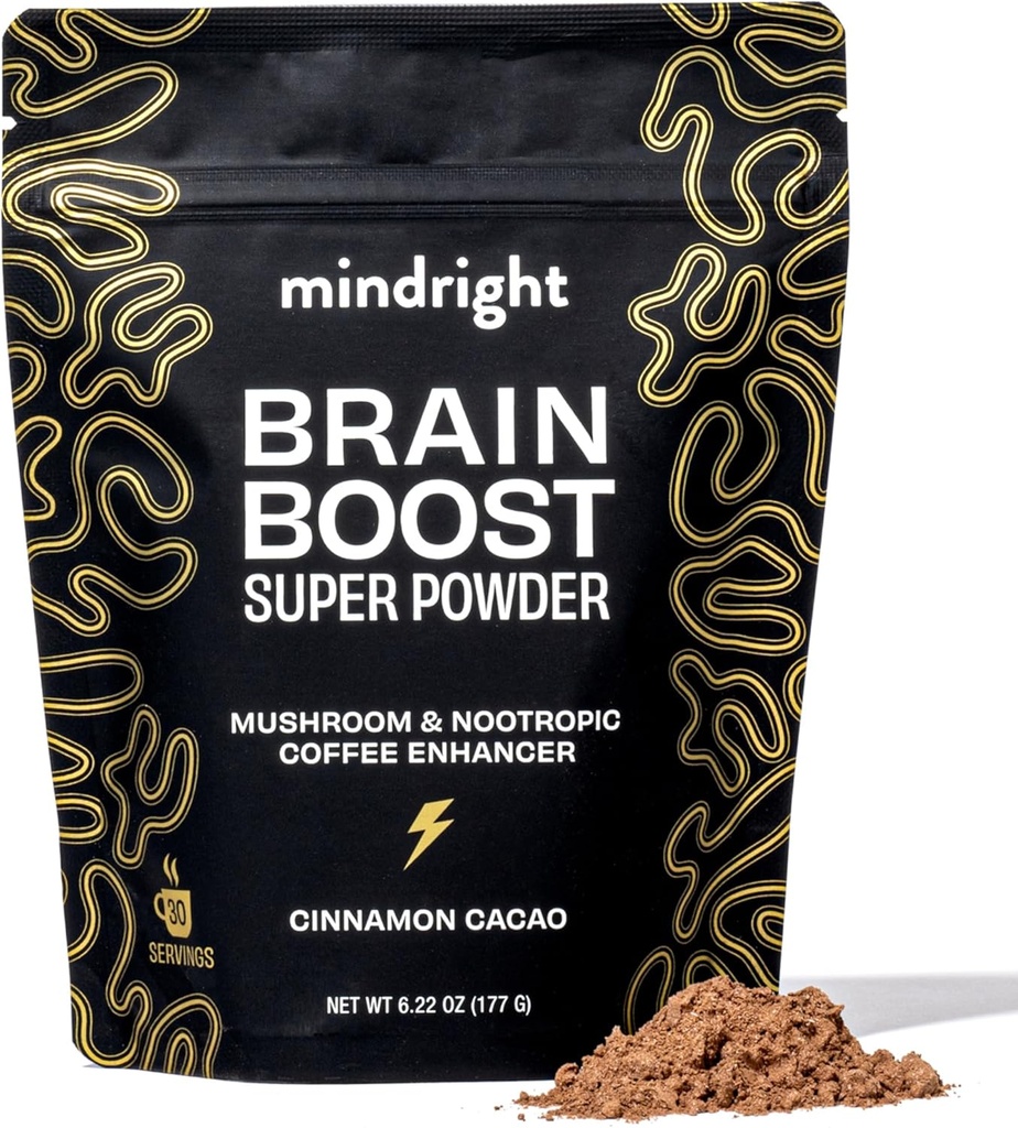 mindright Brain Boost Mushroom Coffee Enhancer - Superfood Blend w / Mushroom - Lions Mane, Kaffefrugtekstrakt, Rhodiola, Cordyceps, Cacao - Koffein gratis uden sukker 30 Servering