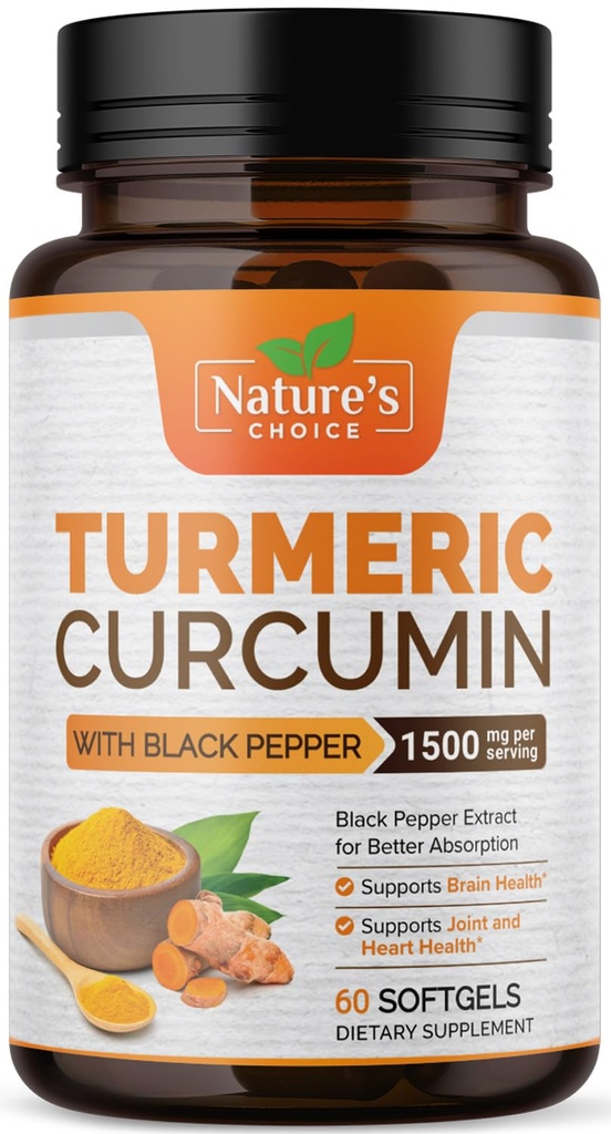 Gurkemeje Supplement 1500mg - BioPerine Black Pepper Extract Advanced Absorption Curcuminoids for Nature 's Joint Support - Antioxidant Herbal Supplement for kvinder & mænd, Non- GMO - 60 Softgels
