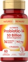 Probiotika med Prebiotika - 60 kapsler - 142 mg - 50 Millioner aktive organismer - Vegetarisk, Non- GMO & Gluten Free Supplement - efter naturens belønning