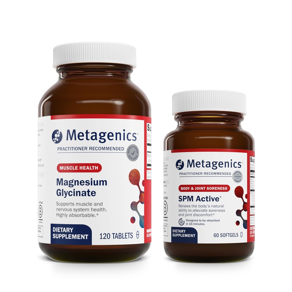 Metagenics Relief Duo - Magnesium Glycinate & SPM Aktiv - 120 tabletter Magnesium Glycinate til nervesystem support - 60 softgels af SPM Aktiv til fælles comfort & mindre besvær Relief