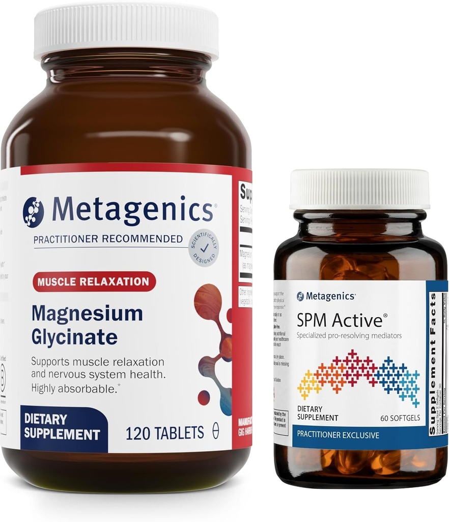 Metagenics Relief Duo - Magnesium Glycinate & SPM Aktiv - 120 tabletter Magnesium Glycinate til nervesystem support - 60 softgels af SPM Aktiv til fælles comfort & mindre besvær Relief