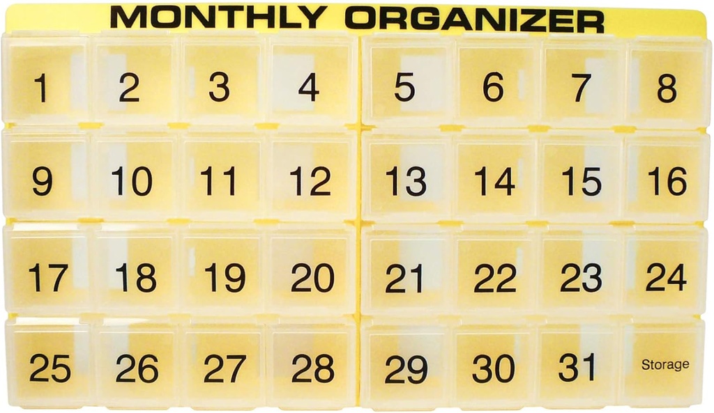 31 rum, 1 per dag, 4 Uge Månedlig Pill Organizer ved Promed. Inkluderer Tray og 8 Aftagelige rum. (gul)