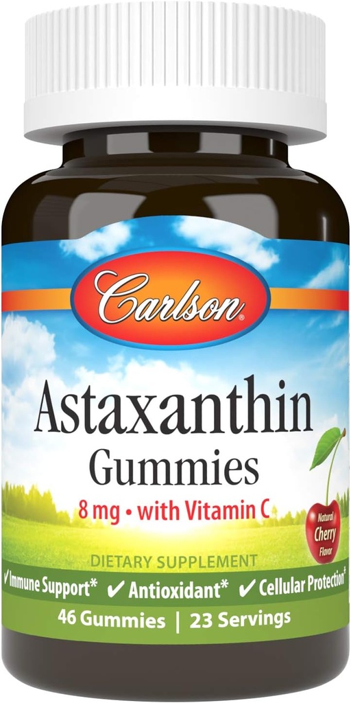 Carlson - Astaxanthin Gummies, med C-vitamin, immunforsvar, antioxidant, hjertesygdomme, non-GMO, cherry flavor, 46 vegetariske Gummies