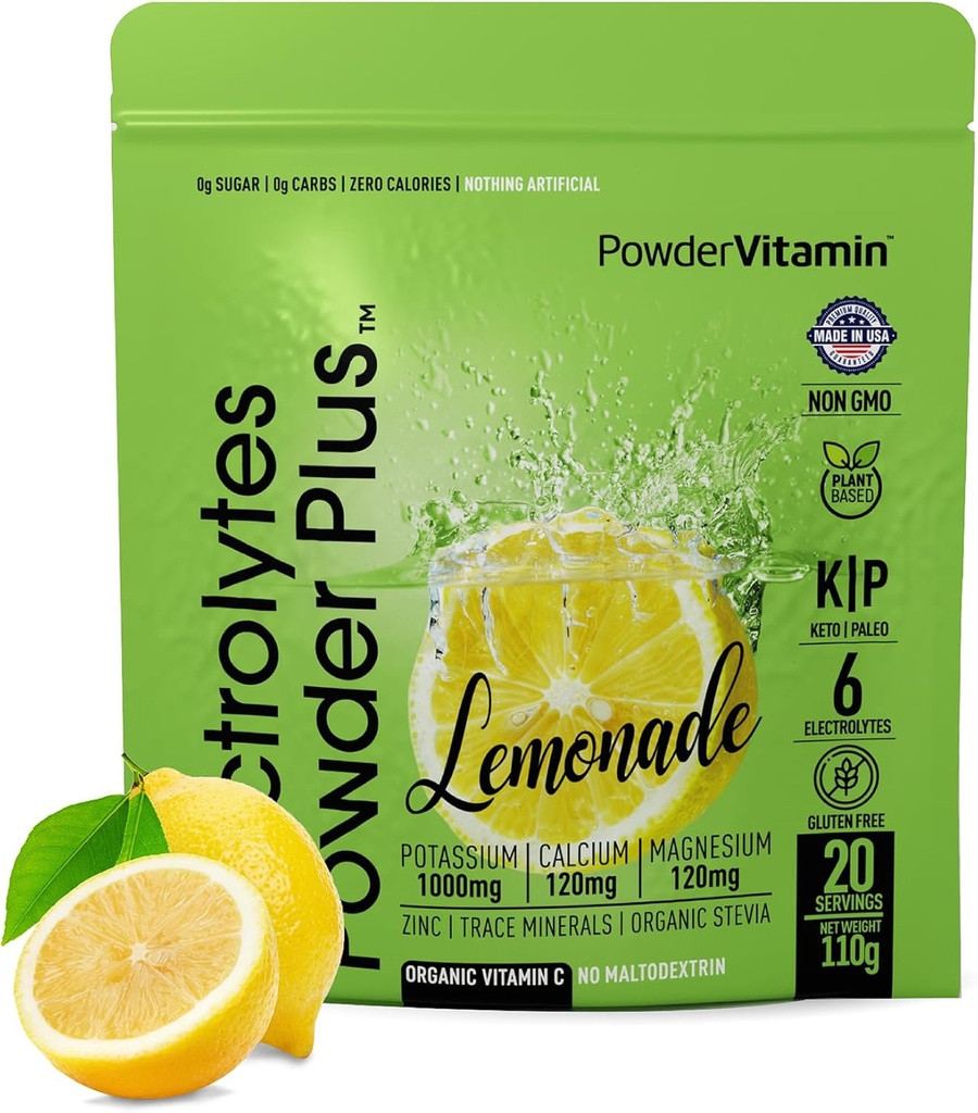 PowderVitamin Electrolytes Powder Plus (20 Servere) Lemonade Electrolyte Powder, No Maltodextrin, Keto, Sugar Free, Pink Himalayan Salt, 1000mg Kalium, 120mg Calcium, 120mg Magnesium, Hydrationspulver