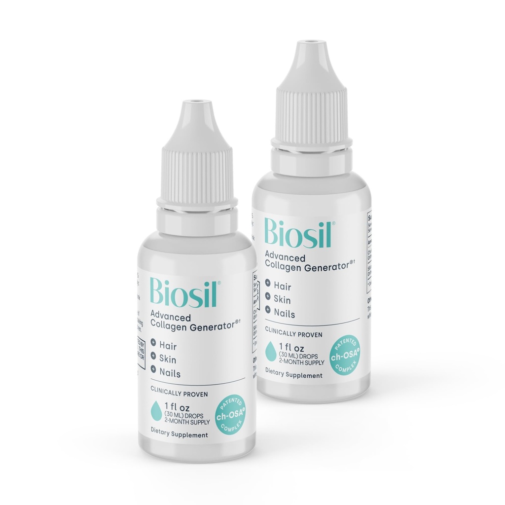Biosil Collagen Booster Supplement - 1 fl oz Drops, Pack of 2 - Patented ch-OSA Activator for Skin, Hair, Nails & Joints - Supports Natural Production - 120-Day Supply