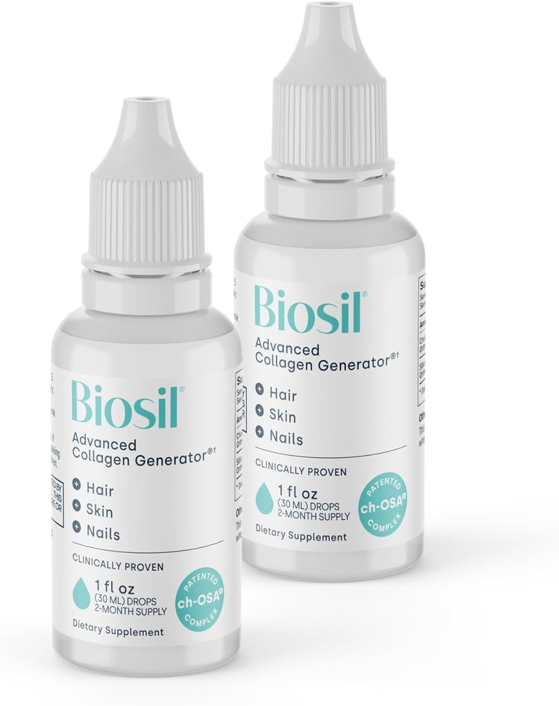 Biosil Collagen Booster Supplement - 1 fl oz Drops, Pack of 2 - Patenteret ch- OSA Activator for hud, hår, negle & fællesskaber - Understøtter naturlig produktion - 120- Day Supply