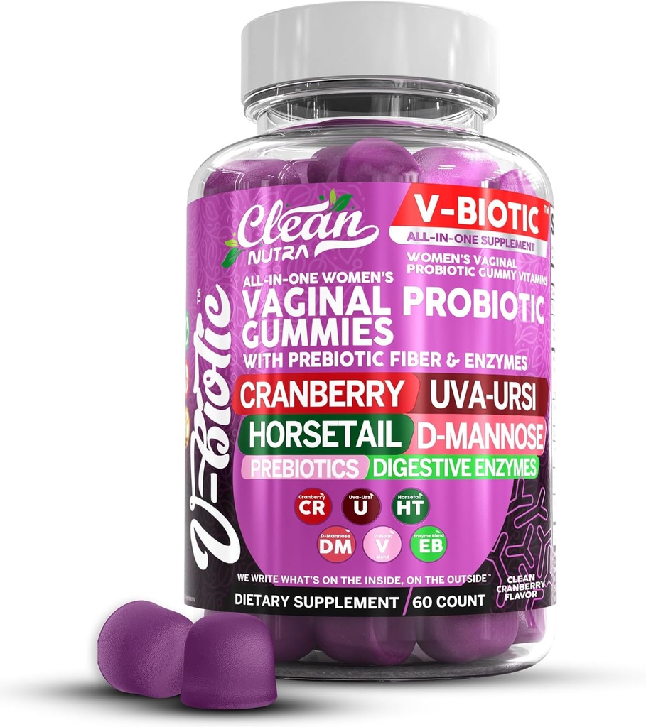 Rene nukleosteroider Vaginal Probiotika til kvinder Gummies med Cranberry, Uva Ursi, Horsetail, D- Mannose, Prebiotika & fordøjelsesenzymer, Vaginal sundhed supplement til pH-balance Flora Odor VBiotic