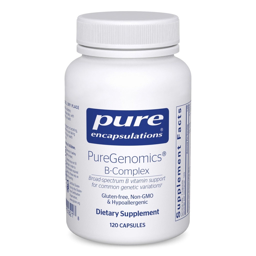 Pure indkapslinger PureGenomic B- Complex - Broad Spectrum B Vitamin Support til genetisk ekspression, Cellulær funktion, Hormone Production & Energy Metabolisme * - med vitamin B12 & B6- 120 Kapsler