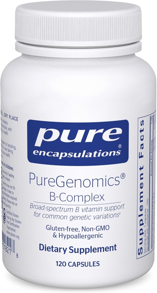 Pure indkapslinger PureGenomic B- Complex - Broad Spectrum B Vitamin Support til genetisk ekspression, Cellulær funktion, Hormone Production & Energy Metabolisme * - med vitamin B12 & B6- 120 Kapsler