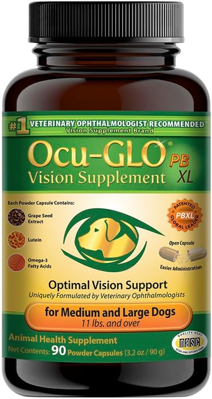Ocu- GLO PB Vision Supplement for Medium & Large Dogs - Nem at administrere Powder Blend med Lutein, Omega-3 Fedtsyrer, Grape Seed Extract & Antioxidants to Promote Eye Health, 90ct Powder Capsules