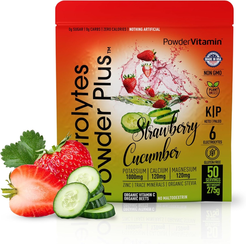 Elektrolyter Powder Plus (50 Servere), 0 Calorie Keto, 0 Sukker, Ingen Maltodextrin, 1000mg Kalium, 120mg Calcium, 120mg Magnesium, Hydration Powder (50 Servere, Jordbæragurk)