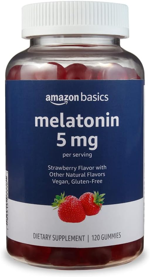 Basics Melatonin, Sleep Support Gummies, Strawberry Flavor, 5mg, 120 Count (Tidligere Solimo)