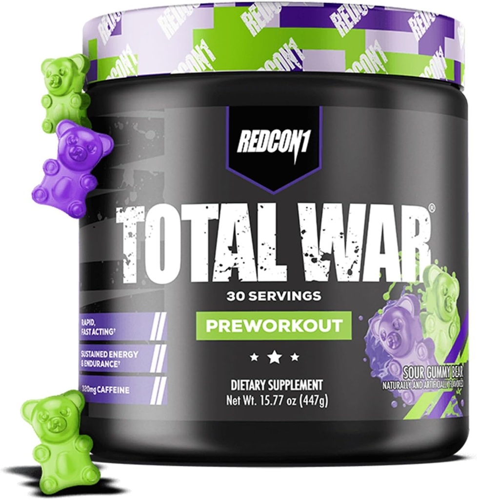 REDCON1 Total War Pre Workout, Sour Gummy Bear - Indeholder 320mg af koffein fra grøn te, Juniper & Beta Alanine - Pre Work Out with Amino Acids to Increase Pump, Energy + Endurance (30 Servere)