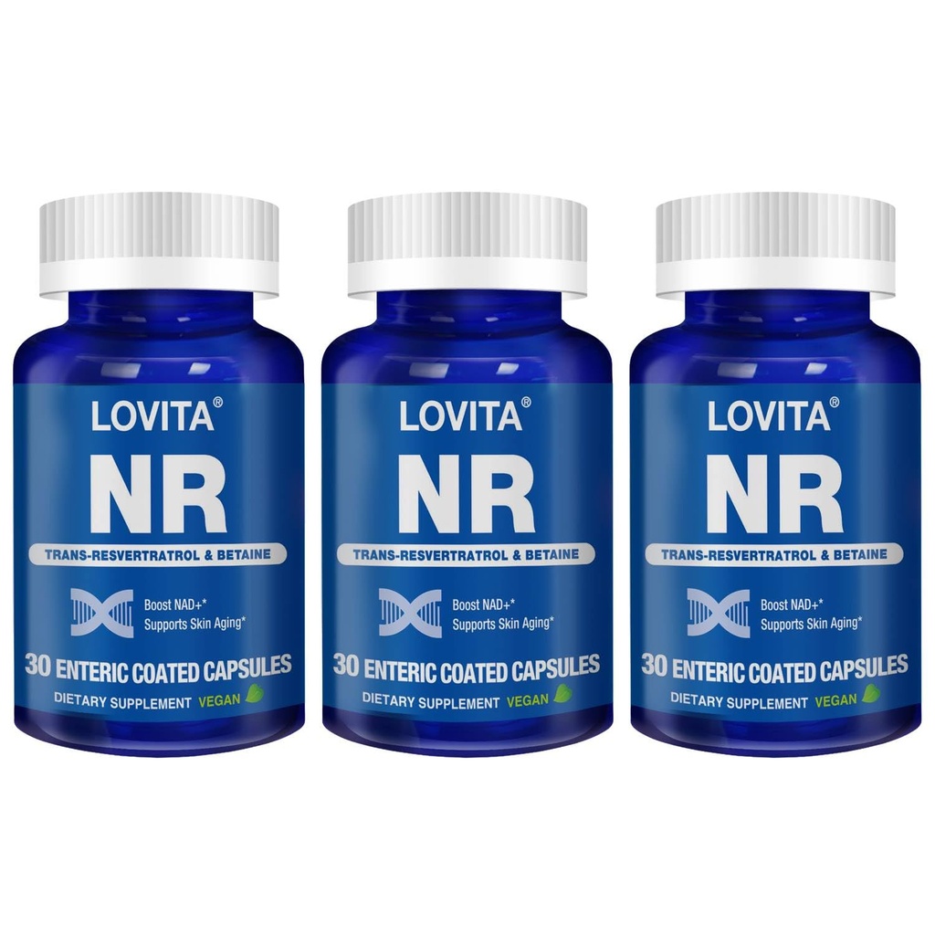Lovita NR (Nicotinamid Riboside) 350 mg, NAD tillæg med trans- Resveratrol og betain, Promote NAD Plus niveauer, sund aldring, 30 Vegansk enteric- coated kapsler (pakning med 3)