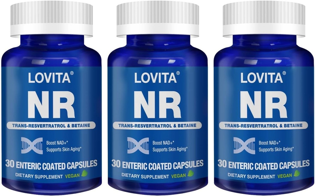 Lovita NR (Nicotinamide Riboside) 350 mg, NAD Supplement with Trans-Resveratrol and Betaine, Promote NAD Plus Levels, Healthy Aging, 30 Vegan Enteric-Coated Capsules (Pack of 3)