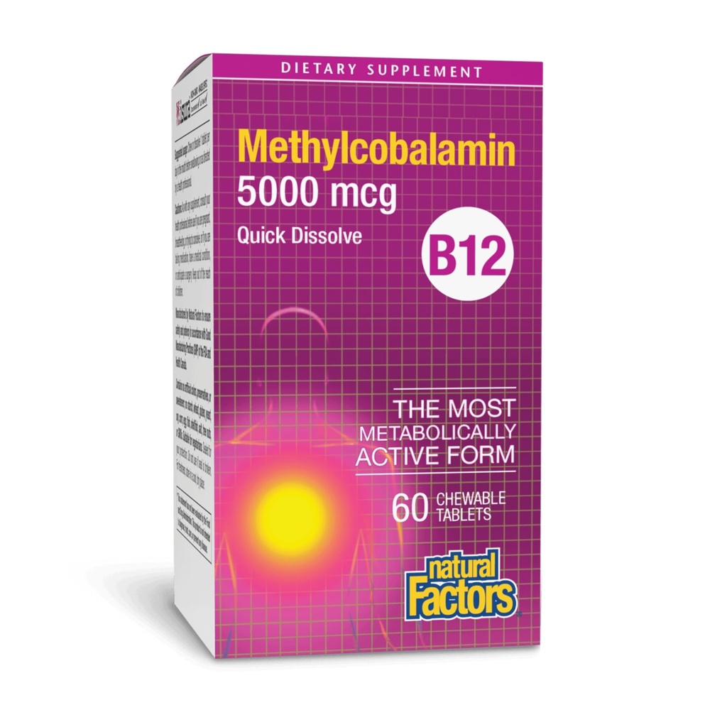 Naturlige faktorer, vitamin B12 Methylcobalamin 5000 mcg, Chewable Support for Energy and immun Health, Vegetar, 60 tabletter (60 portioner)