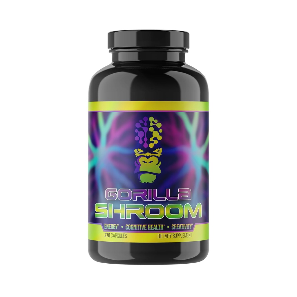 Gorilla Mind Shroom Nootrop Mushroom Supplement (6700mg) - 270 Kapsler / Inkluderer Lions Mane, Cordyceps, Reishi, Maitake / Øget energi immunmodulering, Forbedret kognitiv funktionsmåde