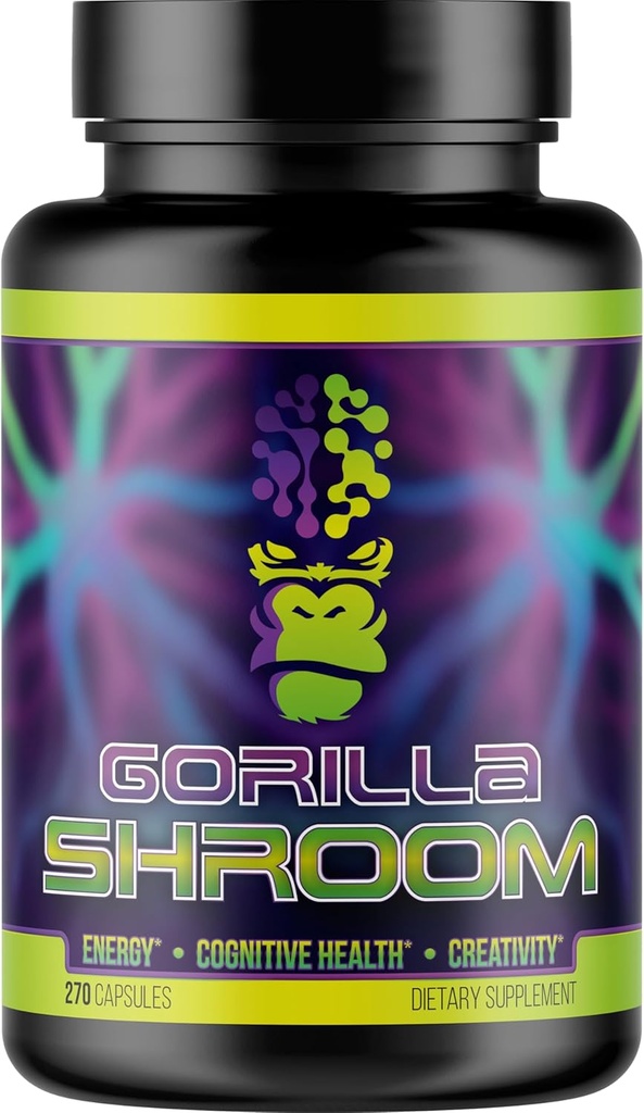 Gorilla Mind Shroom Nootrop Mushroom Supplement (6700mg) - 270 Kapsler / Inkluderer Lions Mane, Cordyceps, Reishi, Maitake / Øget energi immunmodulering, Forbedret kognitiv funktionsmåde