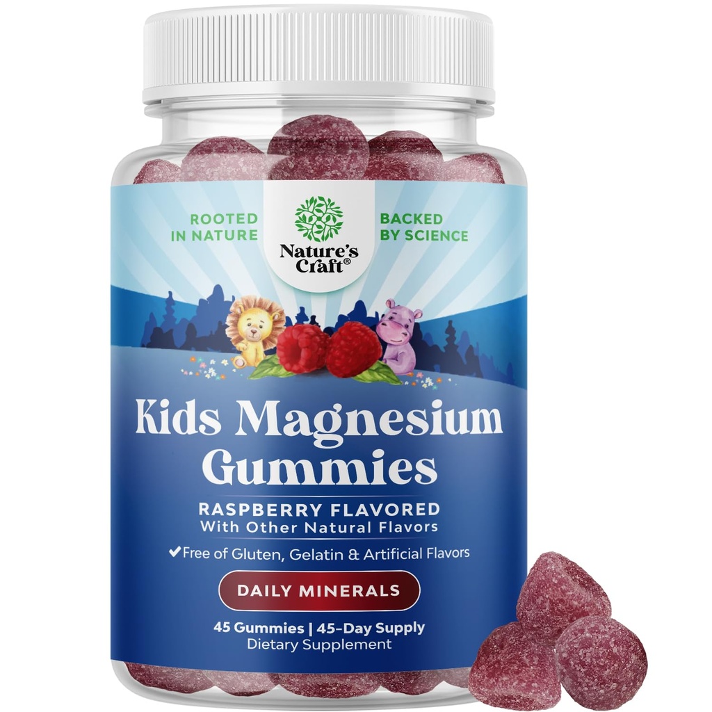 Kids Magnesium Gummies - rolig afspænding Mg Citrate supplement med Raspberry Flavor - rolig Magnesium supplement til nerve sundhed muskler & hjerte støtte - Mag Citrate Gummies - 45 Count Pack