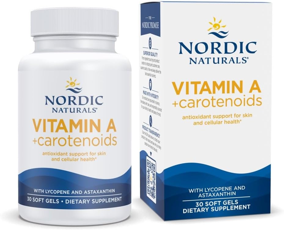 Nordic Naturals Vitamin A + Carotenoider, Unflavored - 30 Soft Gels - Lycopene & Astaxanthin - Understøtter hud, Cellular Health - non-GMO - 30 Serveringer