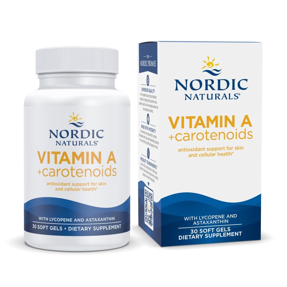 Nordic Naturals Vitamin A + Carotenoider, Unflavored - 30 Soft Gels - Lycopene & Astaxanthin - Understøtter hud, Cellular Health - non-GMO - 30 Serveringer